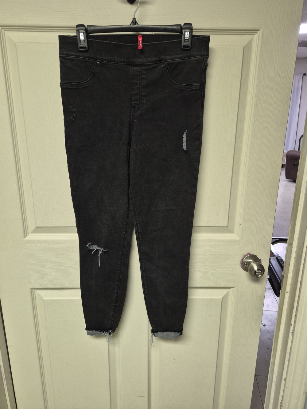 SPANX Black High-Rise Distressed Skinny Jeans